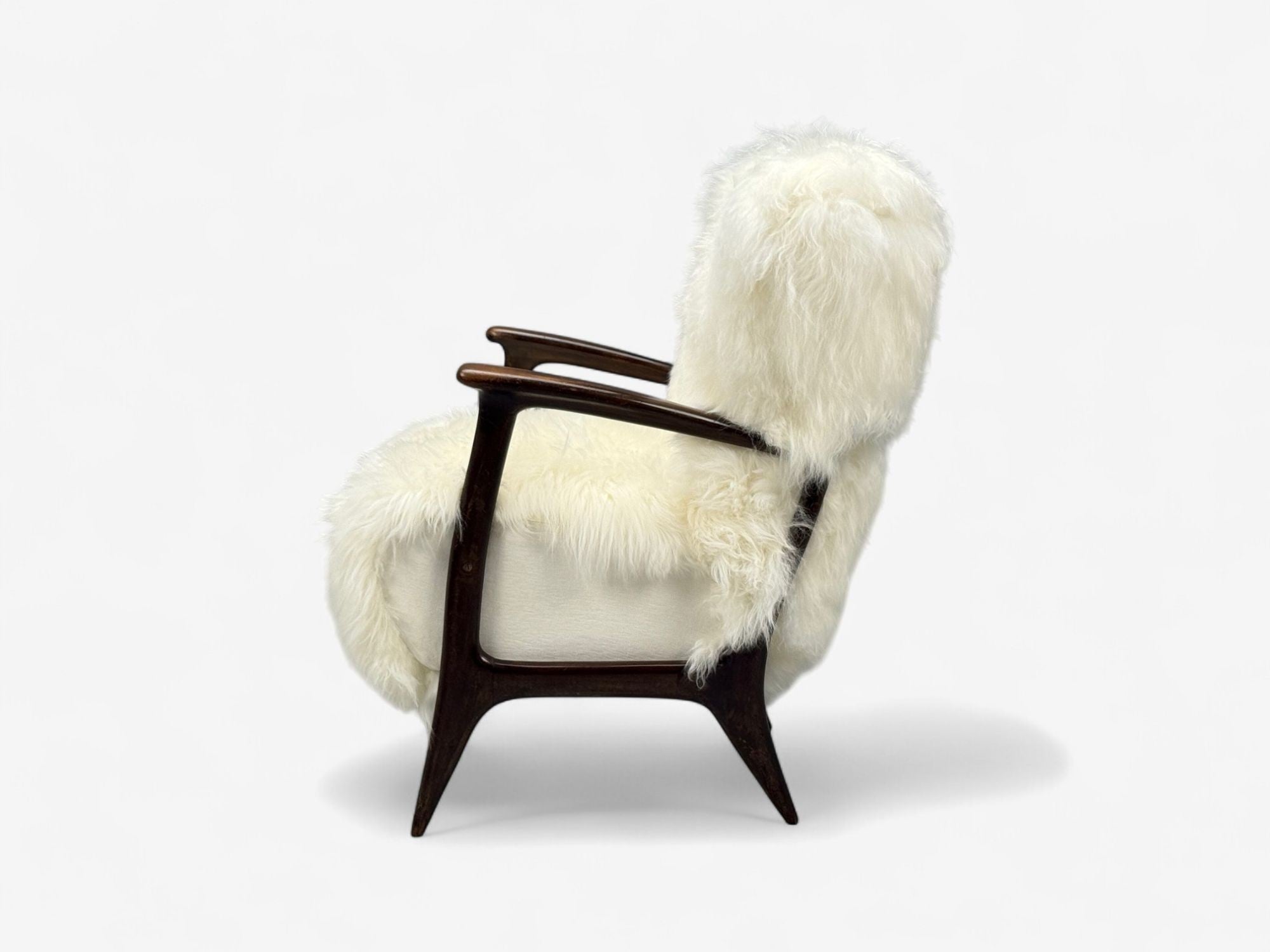 Italian Modern, Wood, White Shearling, Lounge Chair, 1950s