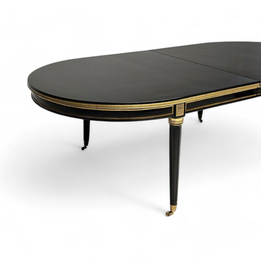 Maison Jansen Style, Hollywood Regency, Dining Table, Black Lacquer, Bronze