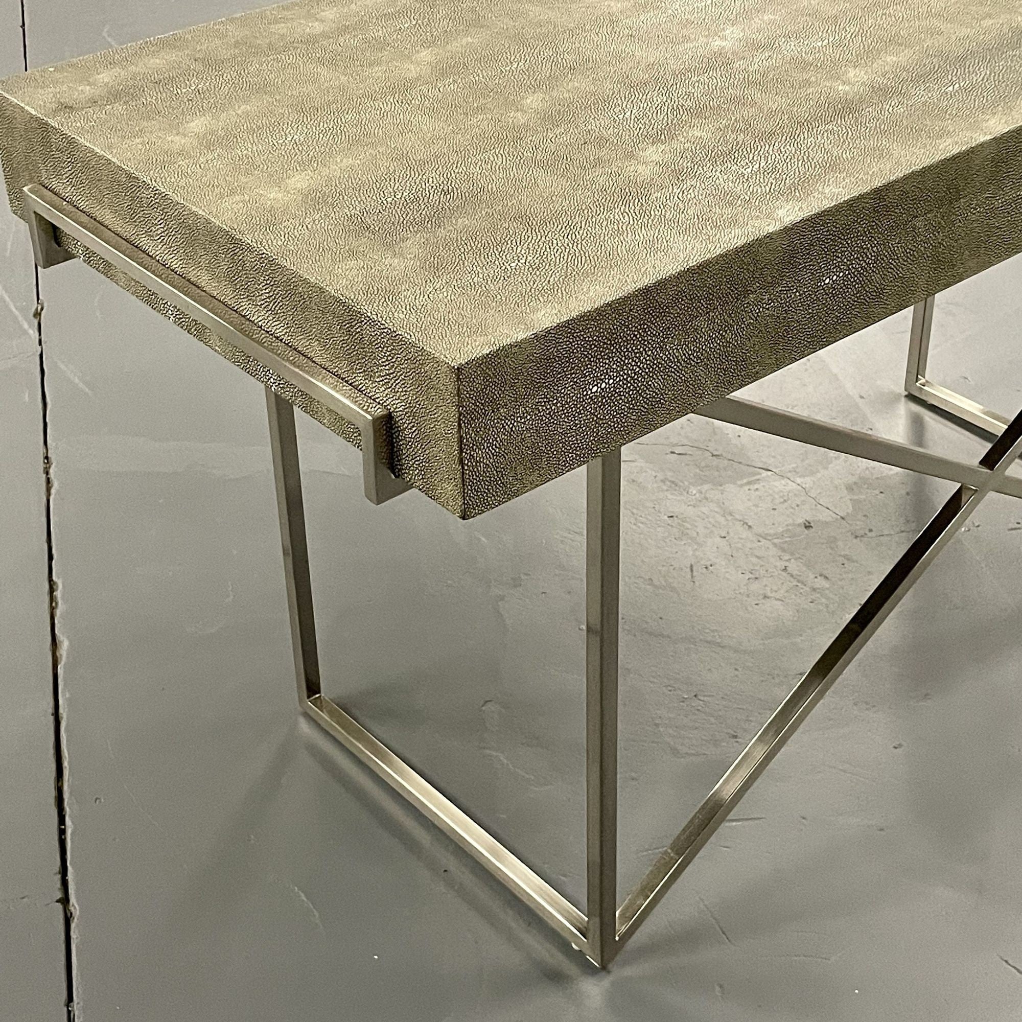 Modern Karl Springer Style Three-Drawer Faux Shagreen Desk/Writing Table, Chrome