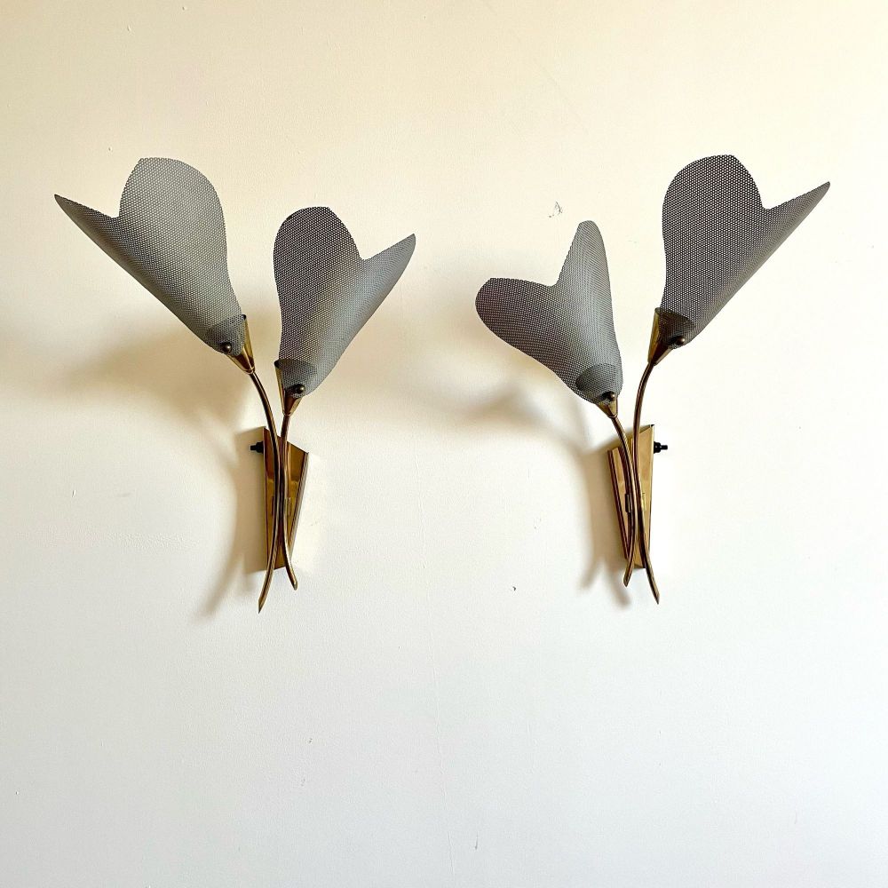 Pair of Italian Mid-Century Modern Sculptural Flower Sconces, Brass, 1940s