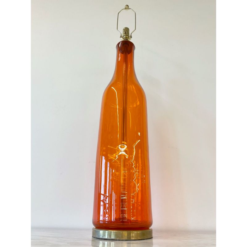 Single Mid-Century Large Orange Blown Glass Bottle Shape Table Lamp by Blenko