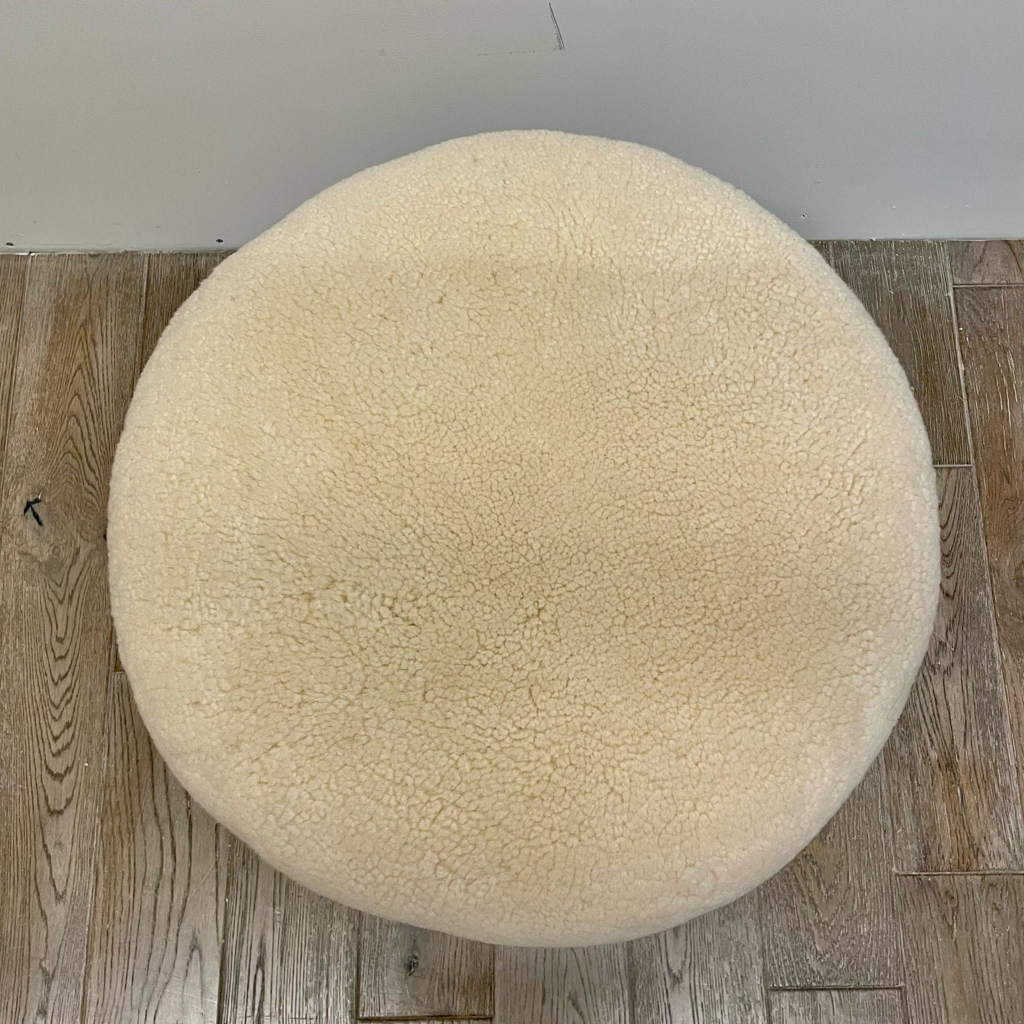 Swedish Modern Style, Beige Sheepskin, Stained Wood, Ottoman or Footstool