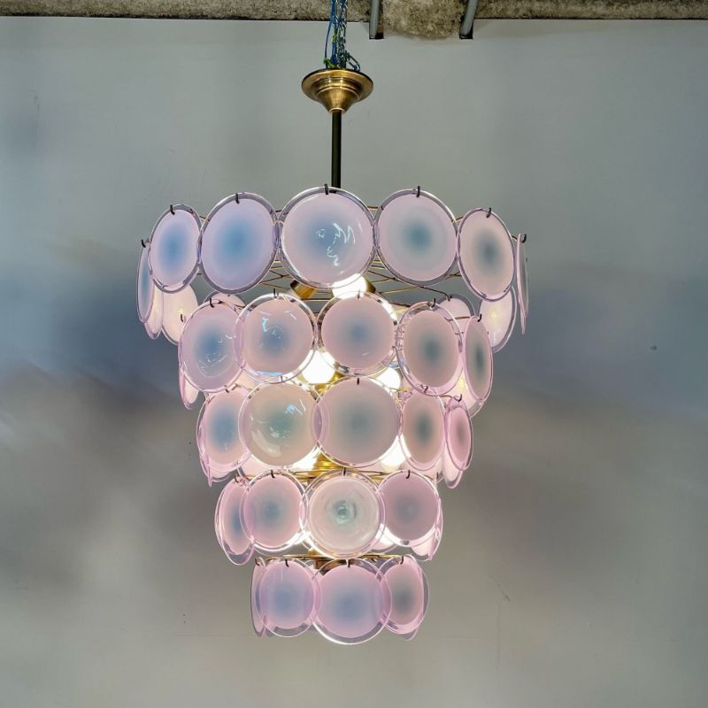 Pair Murano Disc Mid-Century Modern Tiered Chandelier, Antiqued Brass, New Wired