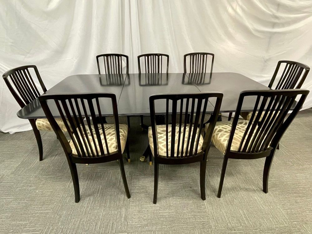 Hollywood Regency Triple Pedestal Ebony Dining Table, Maison Jansen