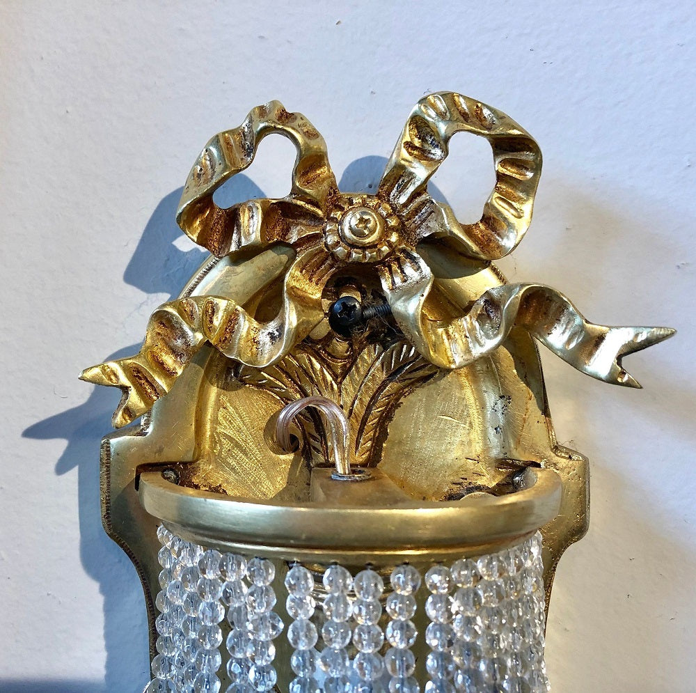 Pair of Louis XVI Style Bronze and Crystal Beaded Diminutive Wall Sconce