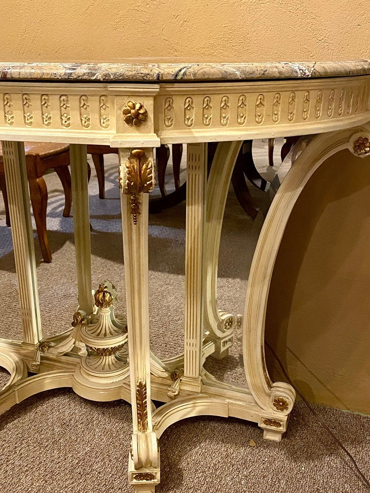 Demilune Console Hollywood Regency Style Marble-Top with Beveled Mirror Back
