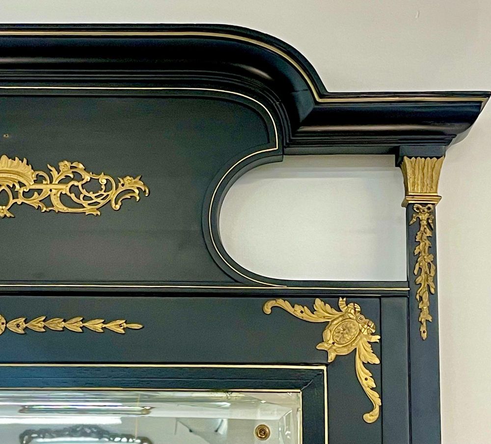 Monumental French Directoire Style Ebonized Mirror Beveled With Brass Accents