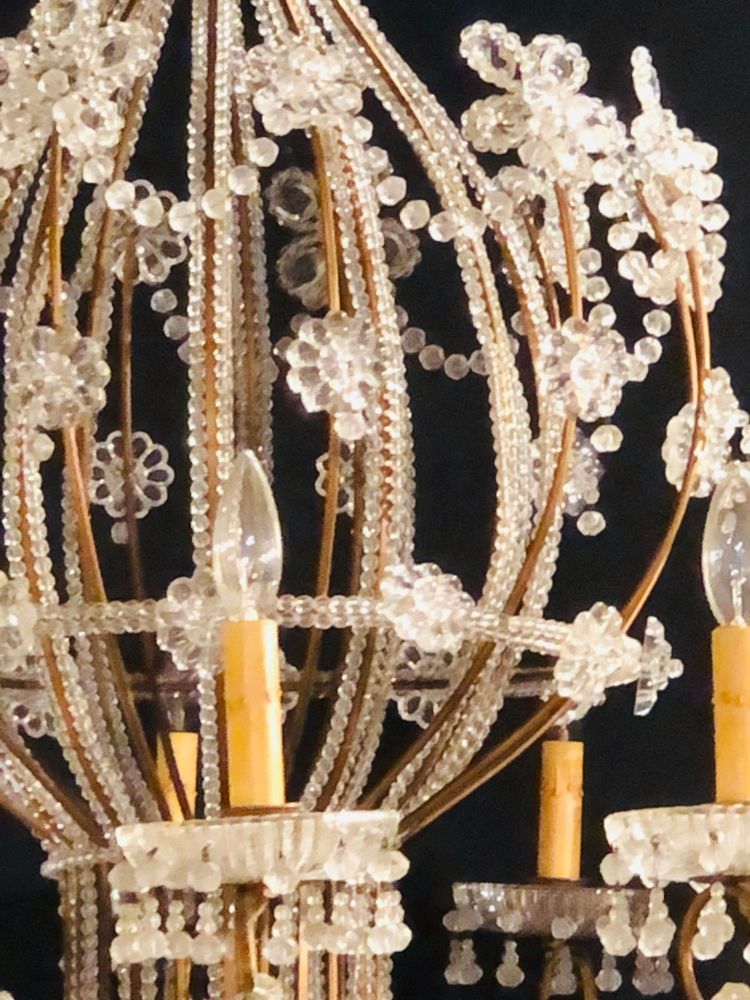 Beautiful Gilt Iron 12-Light Chandelier with Great Crystal and Bead Decoration