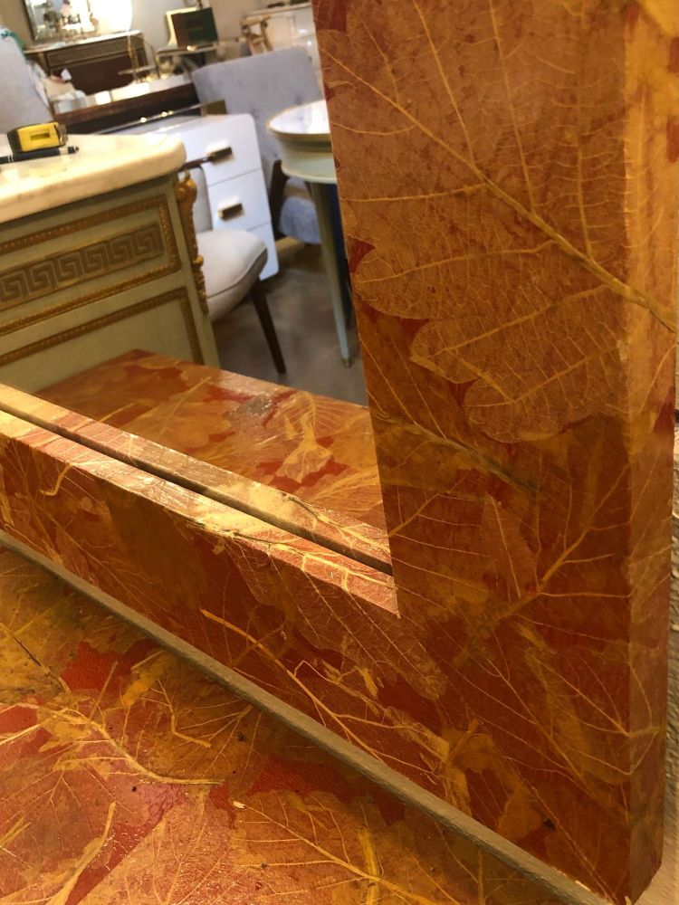 MCM Gold Leave Design Decoupage Painted Console Vanity with Matching Mirror