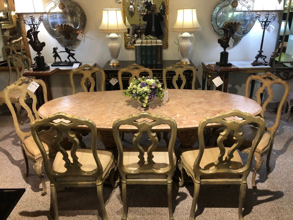 Palatial Italian Carved and Painted Base Marble Top Center or Dining Table