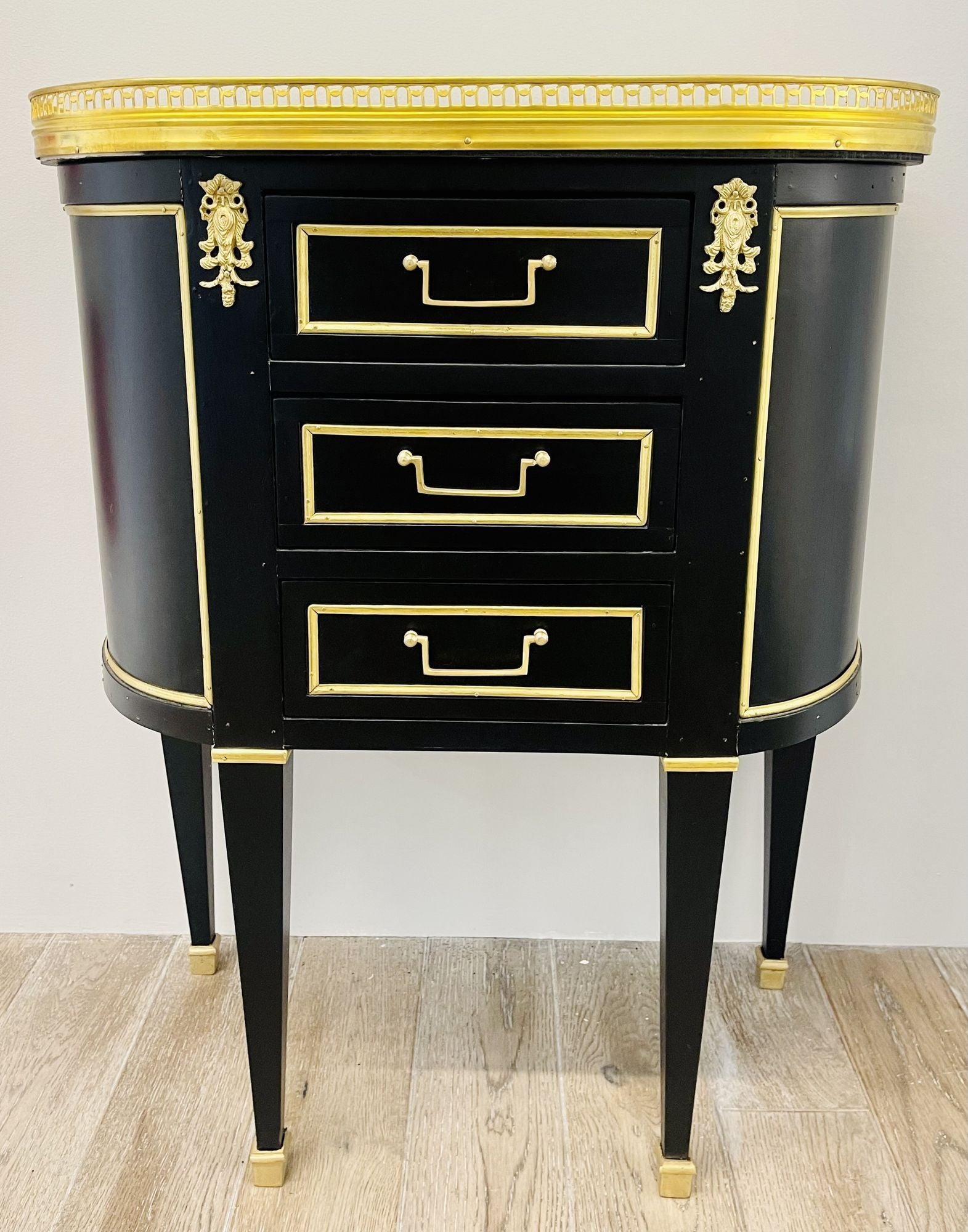 Pair of Jansen Inspired Marble-Top Galleried Ebonized End Tables / Nightstands