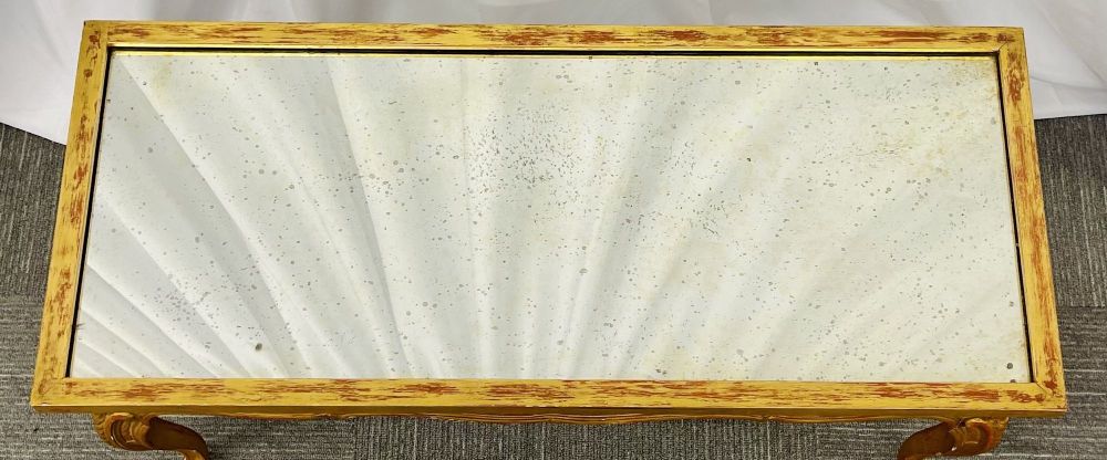 Petite Hollywood Regency Style Coffee Table, Giltwood Base, Antiqued Mirror Top