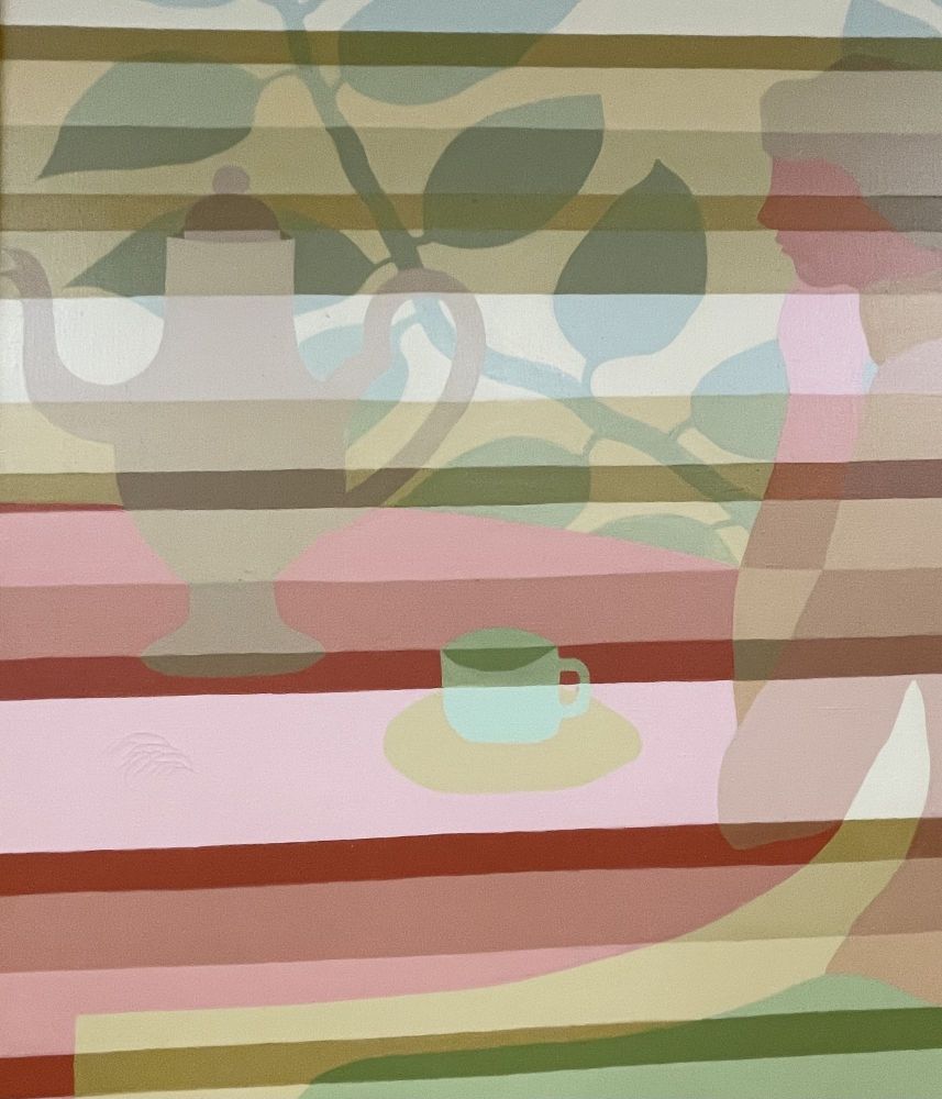 Pair of Mid-Century Framed Oil on Canvas, 'Tea Time' Signed Melbardis, 1979