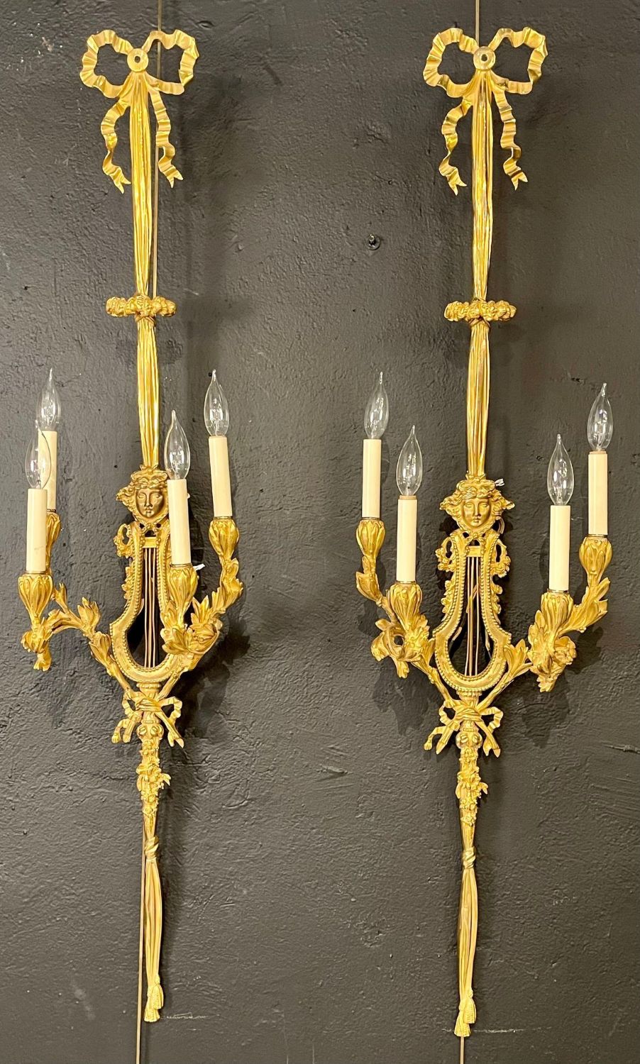 Pair of Louis XVI Style Doré Bronze Sconces Monumental Ribbon and Tassel Form
