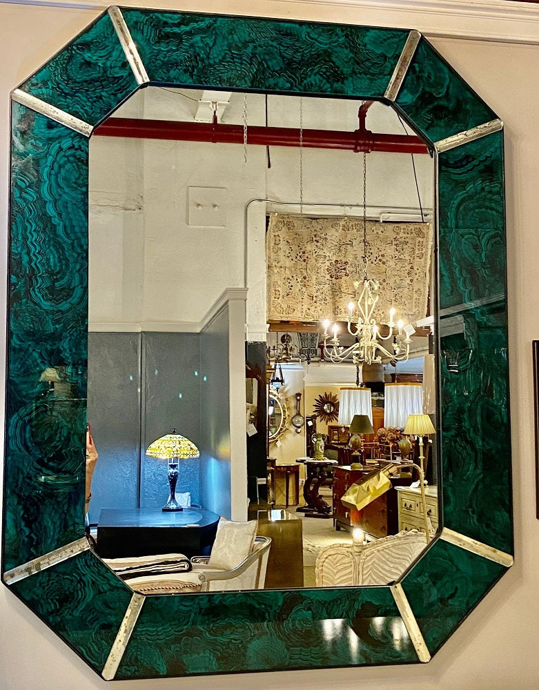 Hollywood Regency Octagonal Wall Mirrors Antiqued Malachite Style