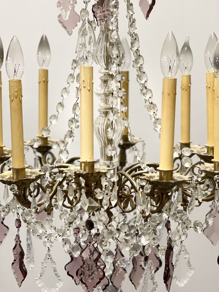 Louis XVI Bronze and Crystal Chandelier, Colored and Clear Crystals, France