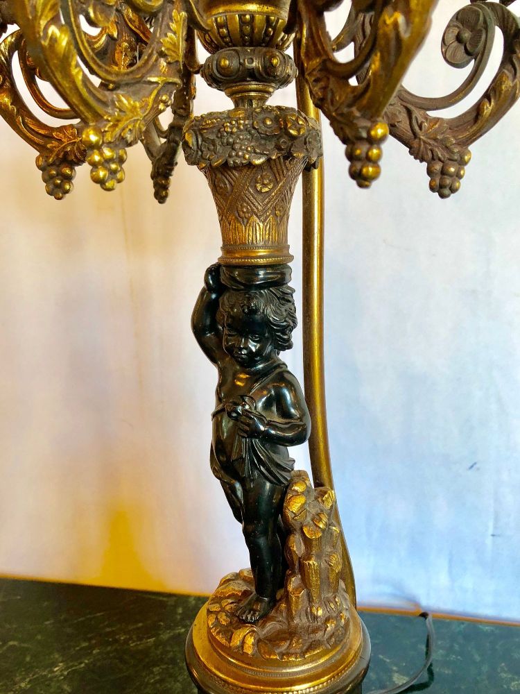 Pair of Antique Bronze Cherub Candelabras on Marble Vases with Custom Shades
