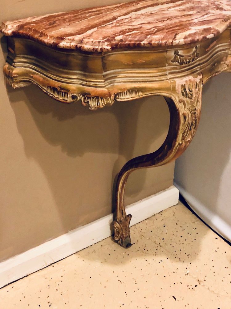 French Louis XV Style Distressed Antique Demi Lune Console, Rouge Marble Top