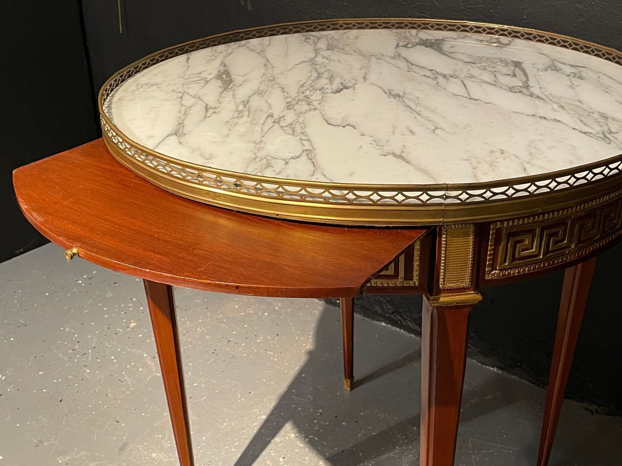 Pair of Marble Top Greek Key Bouillotte or End Tables, Manner of Jansen