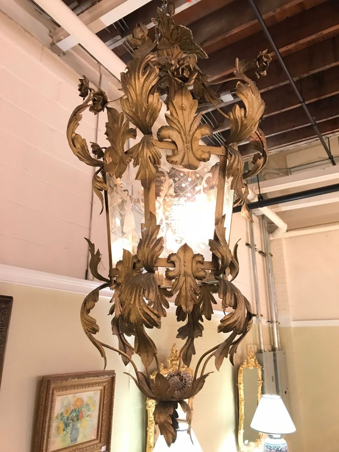 Hollywood Regency Gilt Metal Etched Glass Hanging Lantern
