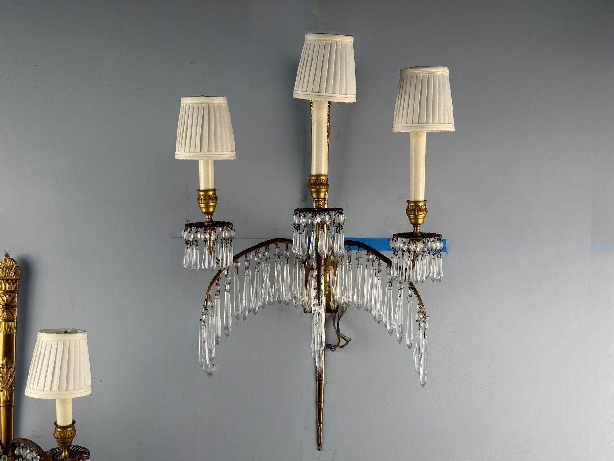 Maison Jansen, Feather Form Wall Sconces, Crystal, Bronze, France, 1940s