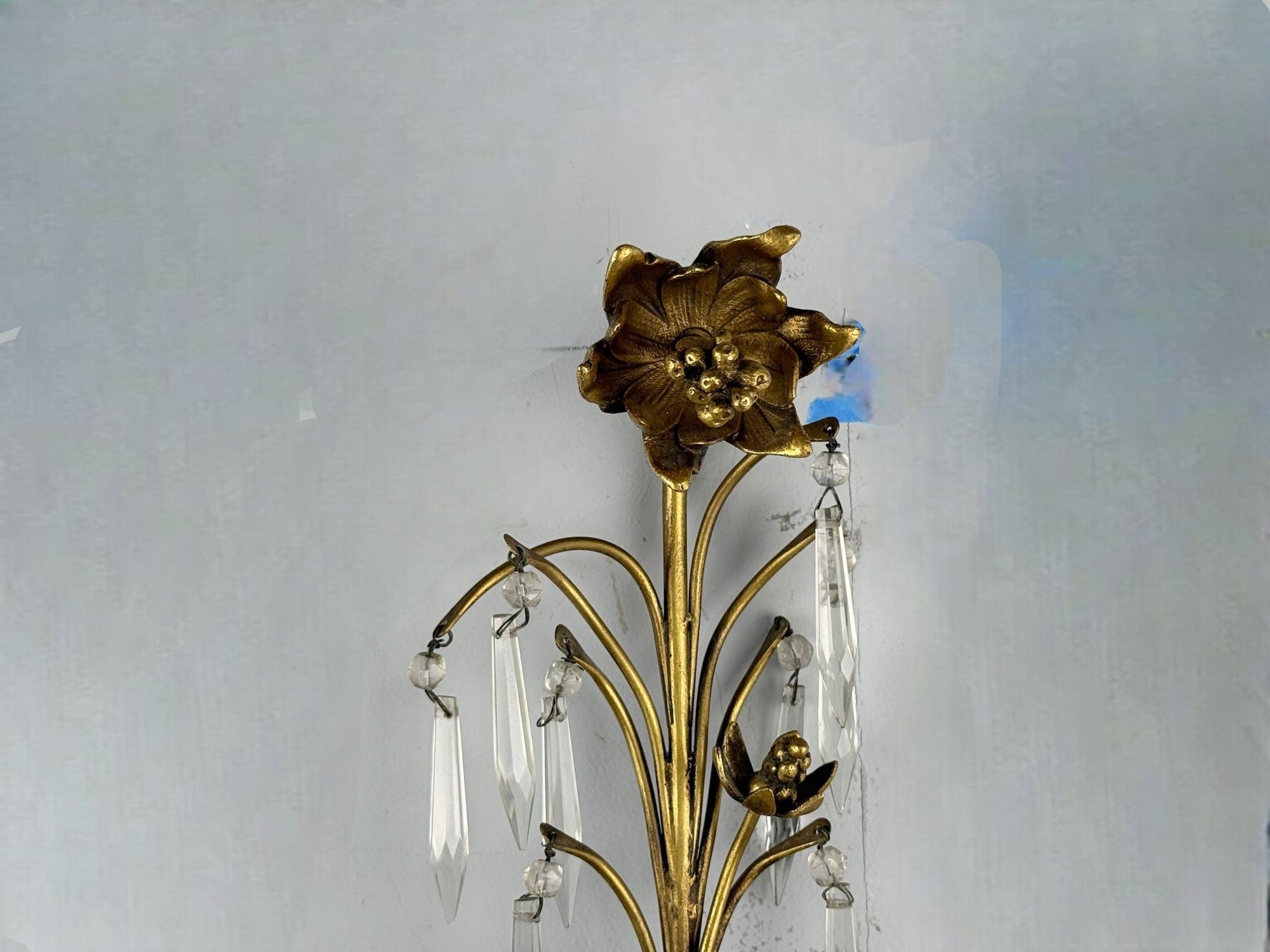 French Louis XV, Bronze, Cut Crystal, Large Wall Sconces, France, 1930s