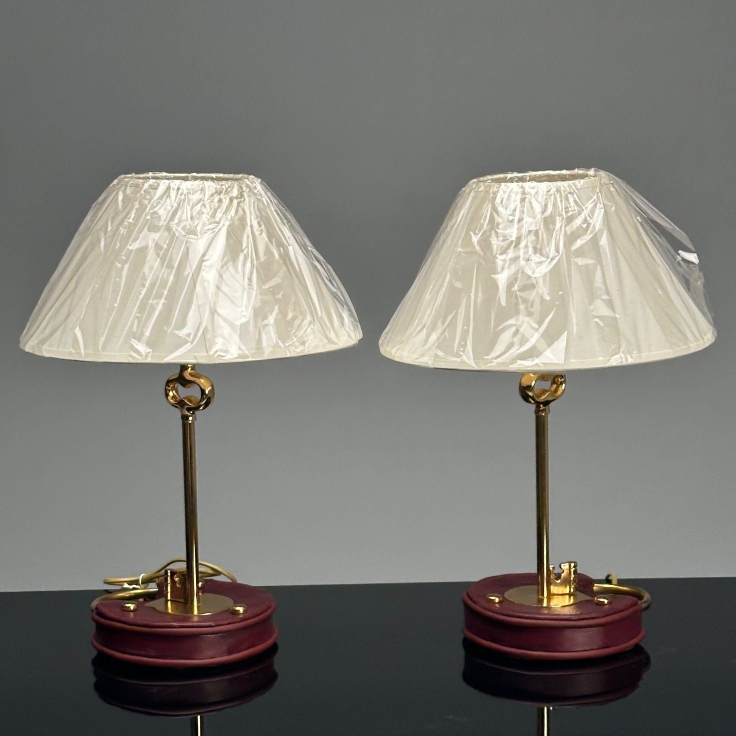 Cartier Style, Modern Key Table Lamps, Red Leather, Brass, Paper Shades