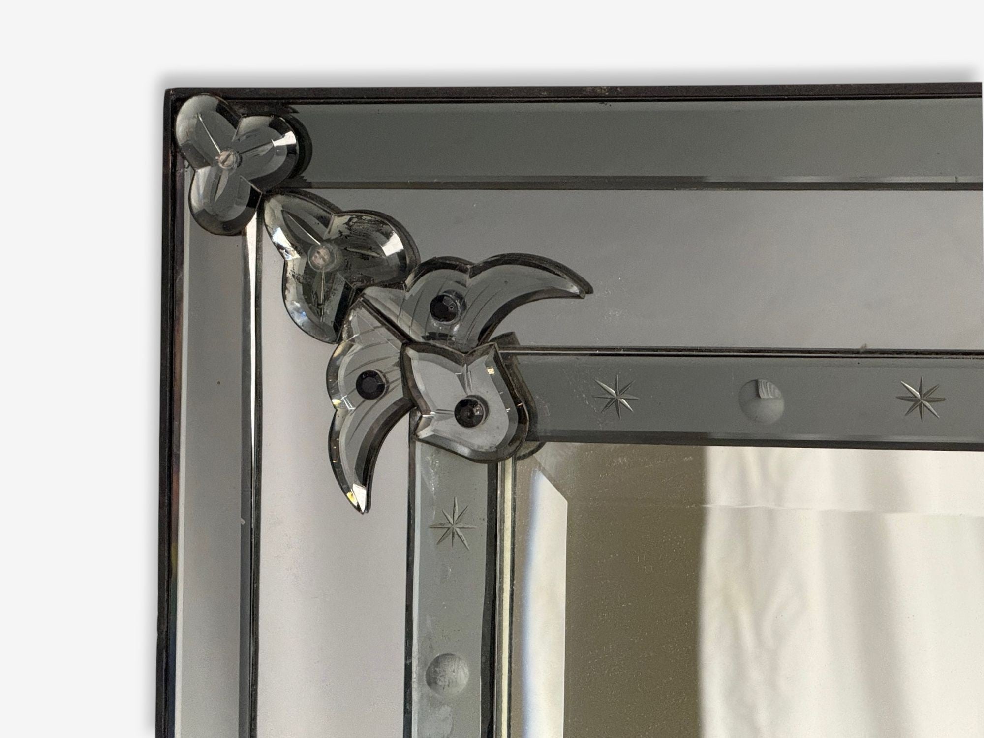 American Modern, Etched Glass, Grey Shadowbox Mirror, USA, 1980s