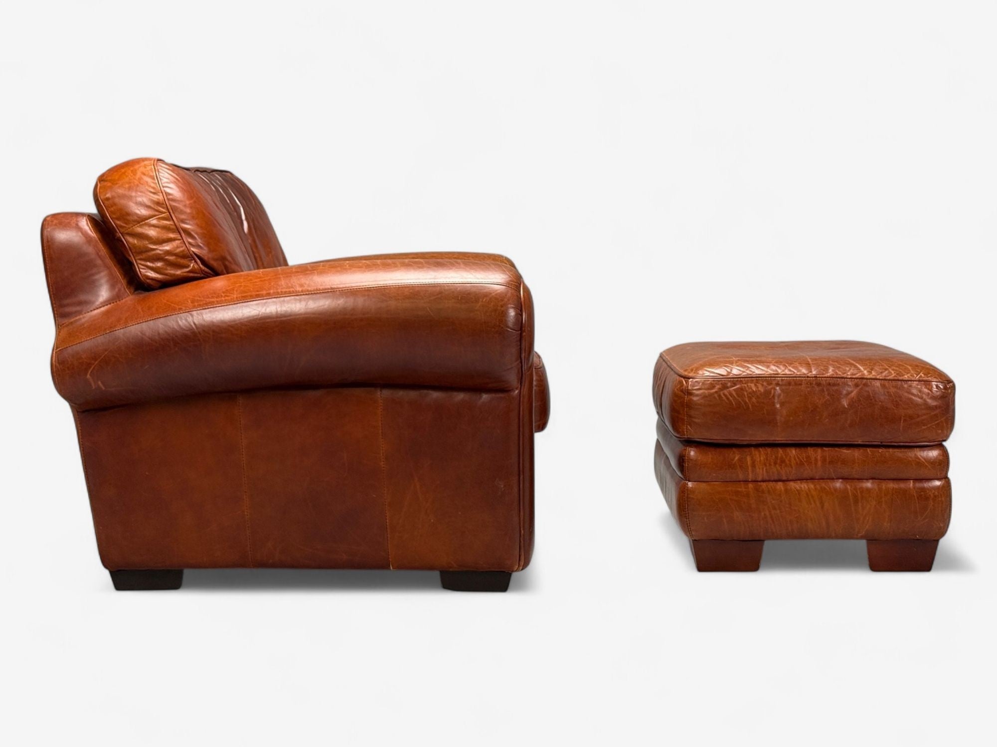 American Modern, Distressed Leather, Club Chair and Ottoman, USA, 1990s