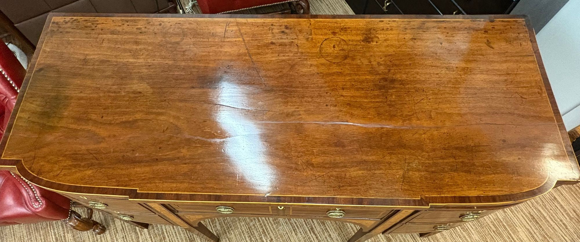 George lll, Mahogany, Inlaid Wood, Satinwood, Brass, Sideboard, England, 18th/19th C.