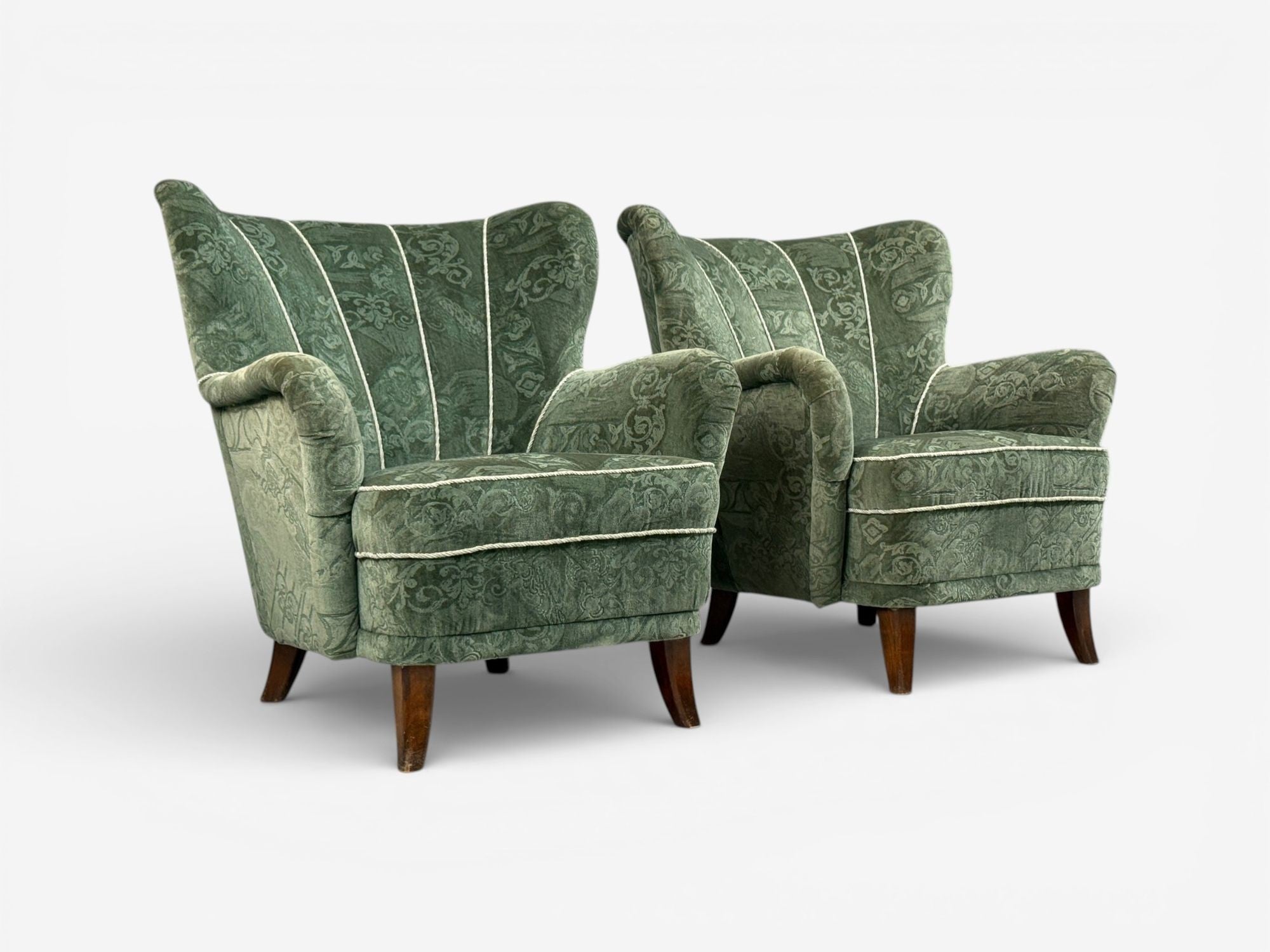 Ilmari Lappalainen, Lounge Chairs, Beech, Green Fabric, Finland, 1950s
