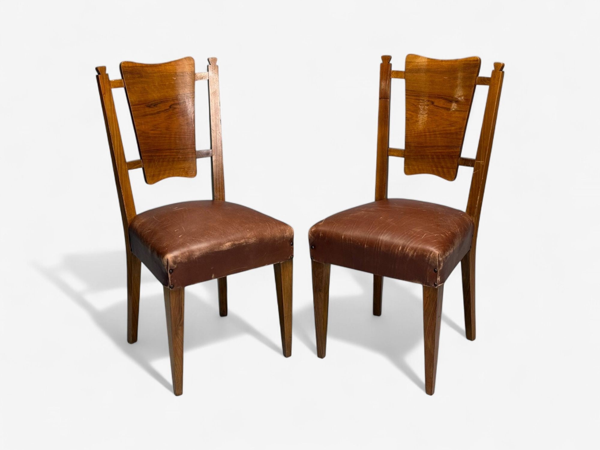 Italian Modern, Walnut, Leatherette, Eight Dining Chairs, Italy, 1950s