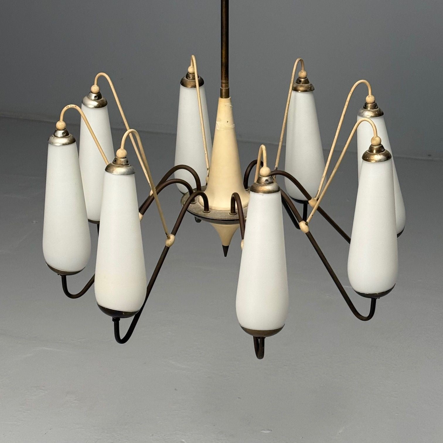 Italian Mid-Century Modern, Eight Light Chandelier, Brass, Metal, Opaline Glass