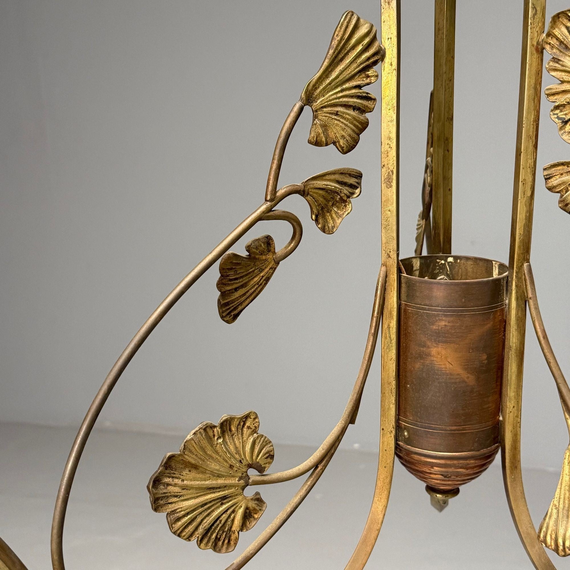 Italian Mid-Century Modern, Floral Chandelier, Brass, Copper, Italy, 1920s