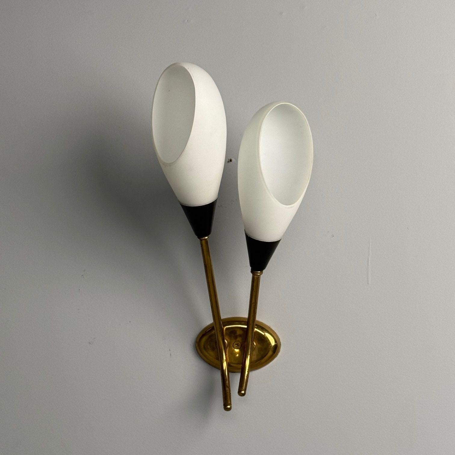 Italian Mid-Century Modern, Wall Sconces, Patinated Brass, Opaline Glass, Italy, 1950s
