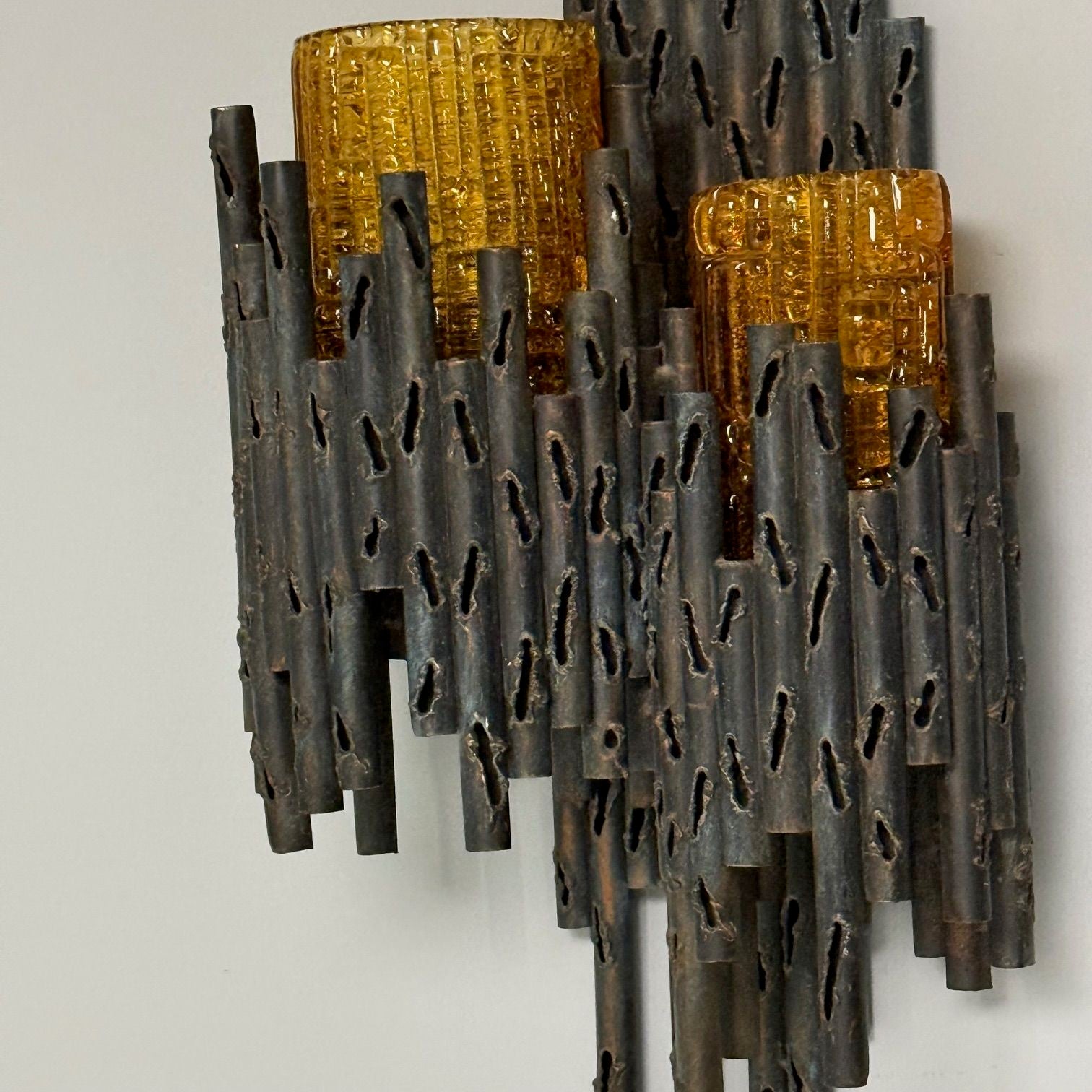 Marcello Fantoni, Brutalist Mid-Century Modern Wall Sconces, Wrought Iron, Glass