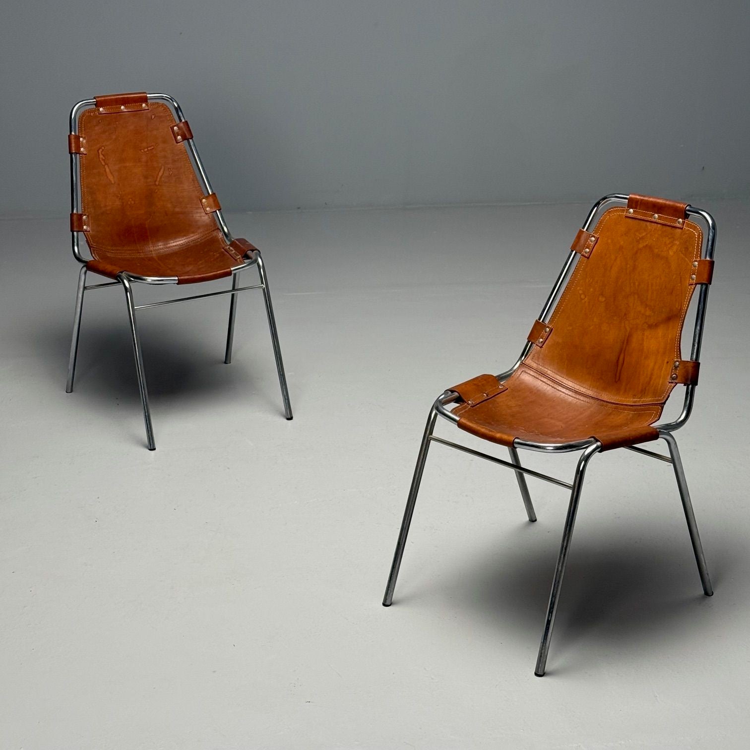 Charlotte Perriand, French Mid-Century Modern, Dining Chairs, Distressed Leather