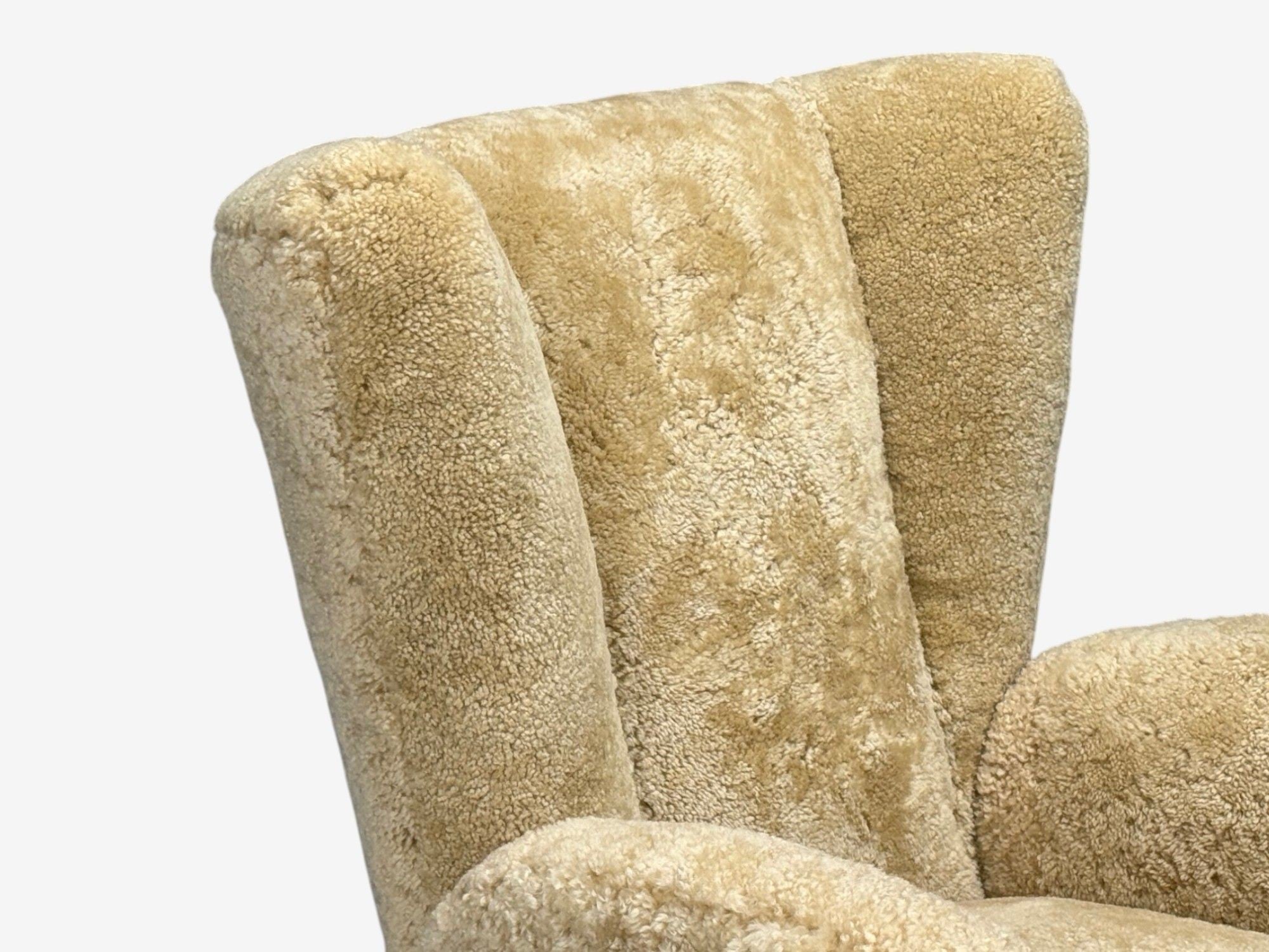 Meroni & Fossati, Beige Shearling, Stained Wood, Lounge Chairs, Italy, 1950s