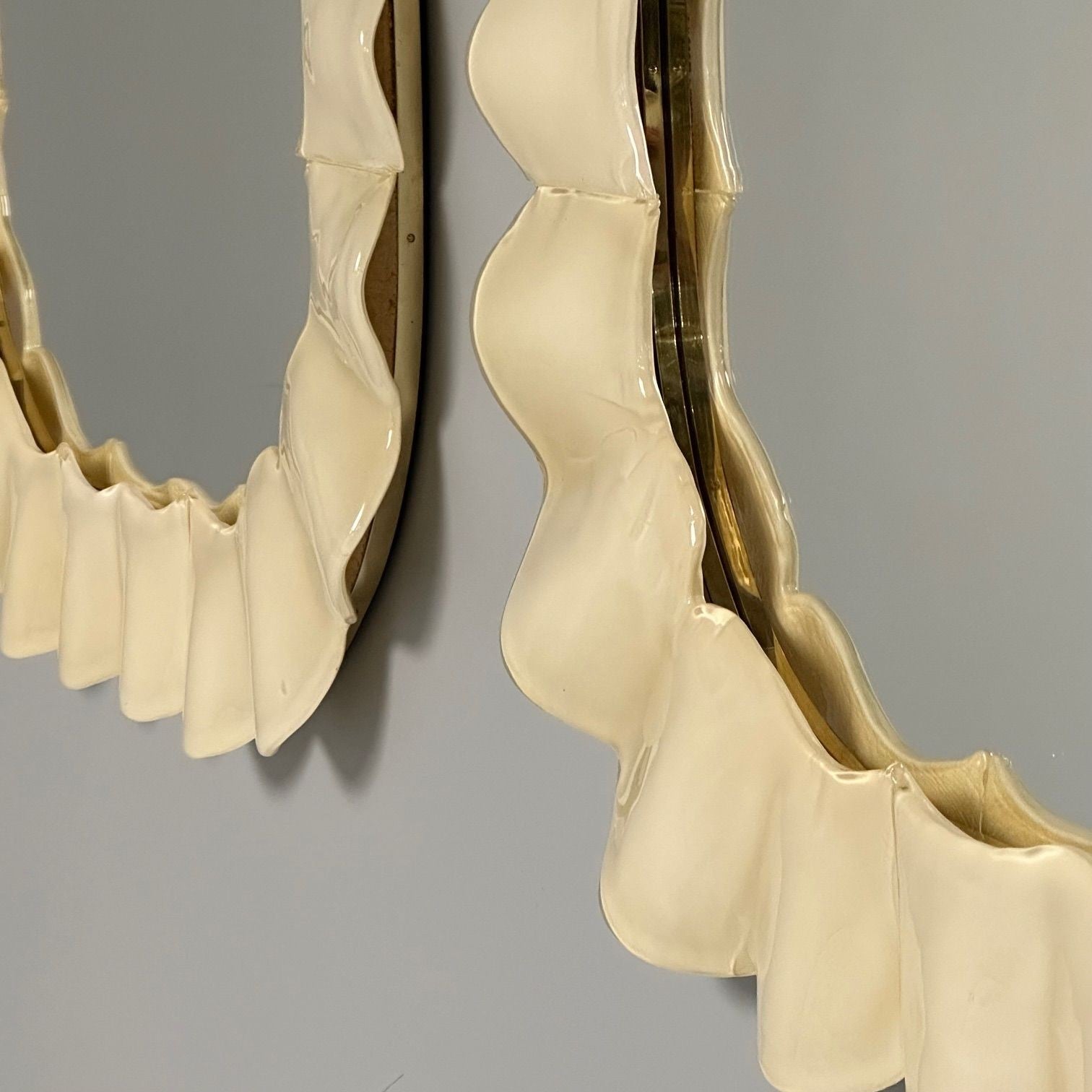Modern Ruffle Wall Mirrors, White Murano Glass, Brass, Italy, 21st c.