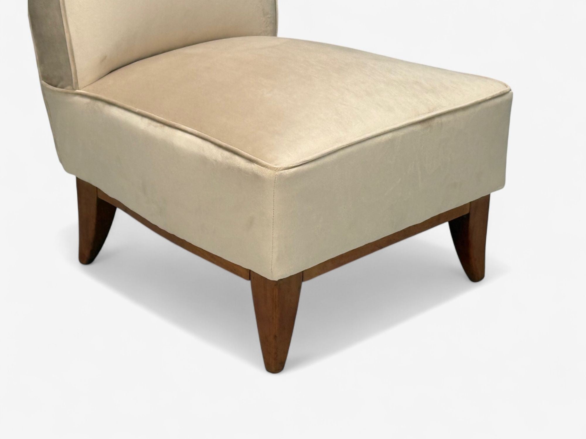 Guglielmo Pecorini, Stained Wood, Beige Velvet, Low Lounge Chair, Italy, 1950s