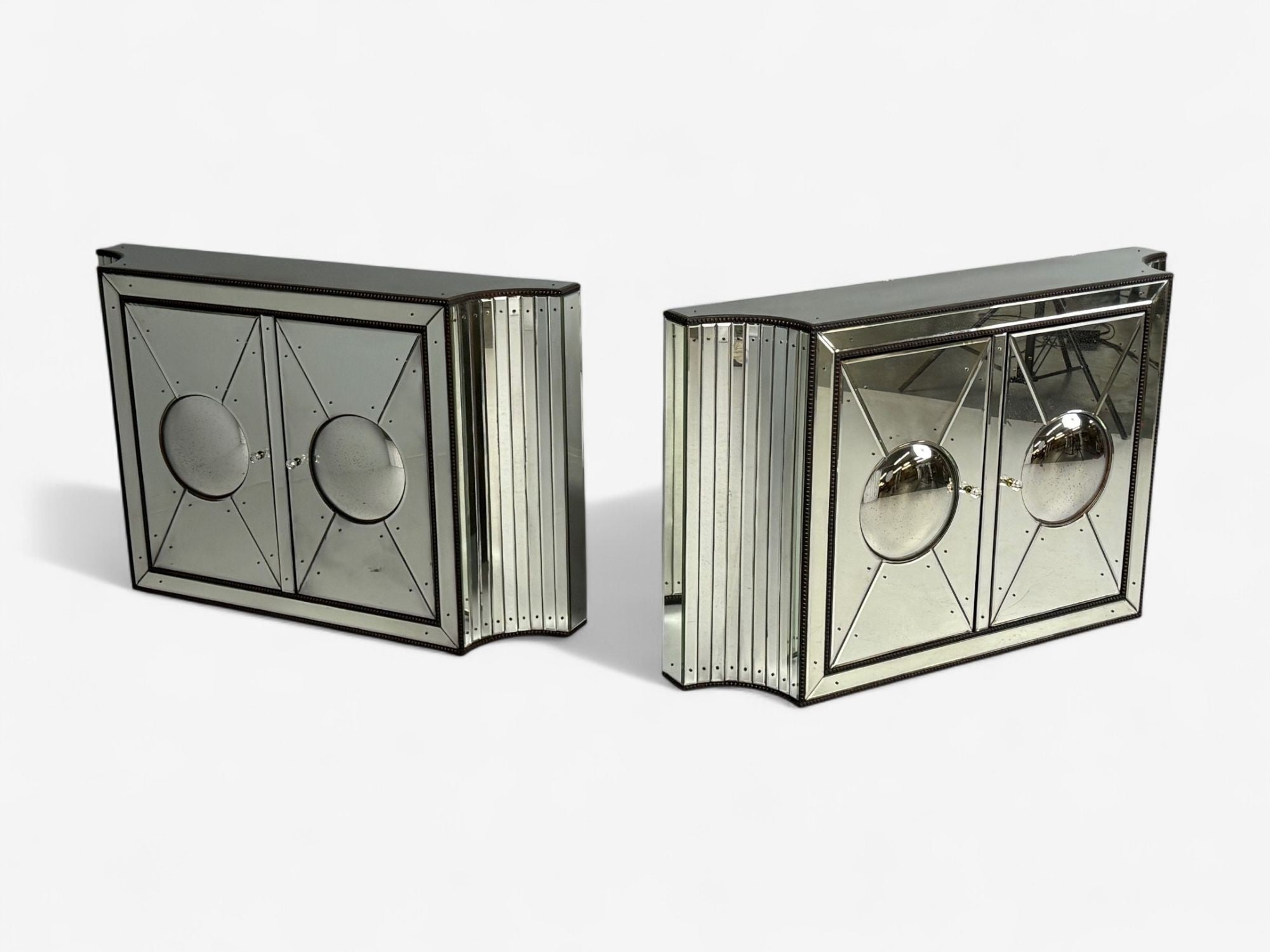 Art Deco Style, Antique Glass, Painted Wood, Concave Mirrored Cabinets