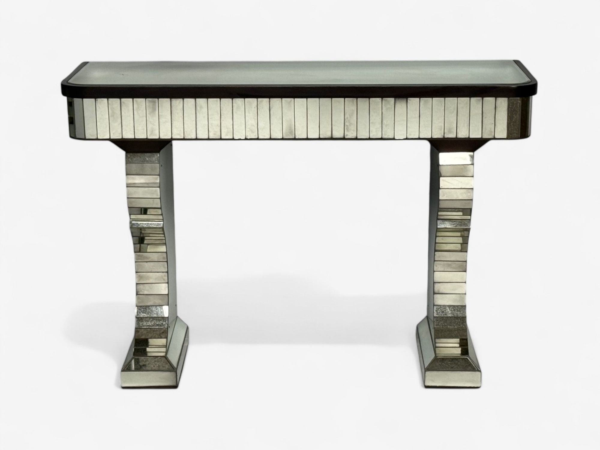 Serge Roche Style, Distressed Glass, Painted Wood, Mirrored Console Tables