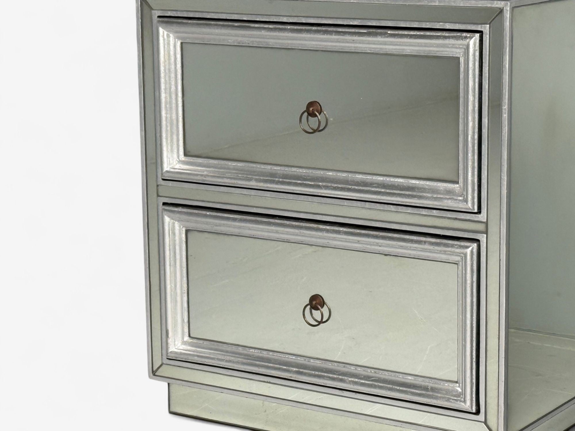 Hollywood Regency Style, Silver Leaf, Distressed Glass, Mirrored Nightstands