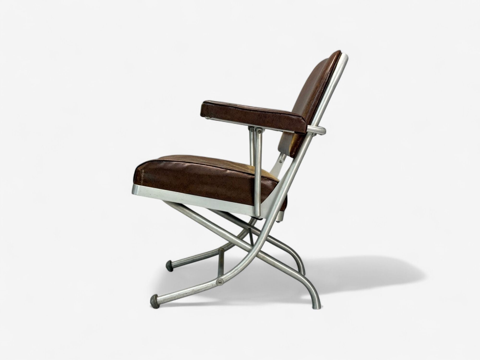 Warren McArthur, Brown Leather, Aluminum, Folding Chairs, USA c. 1935