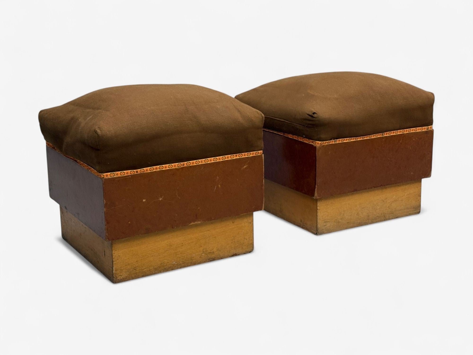 Italian Art Deco, Stained Wood, Brown Fabric, Ottomans or Poufs, Italy, 1930s