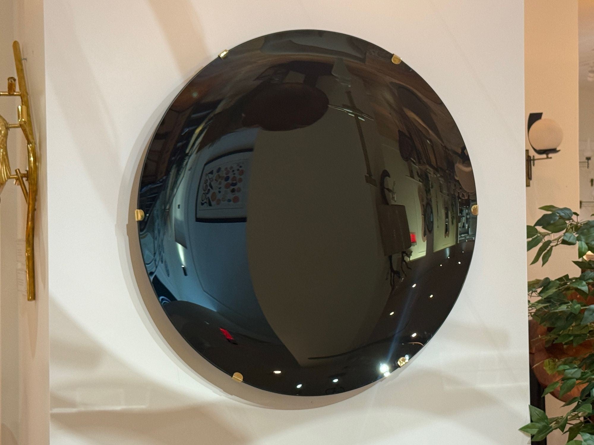 Contemporary, Concave Glass, Brass, Black Modern Space Age Wall Mirror