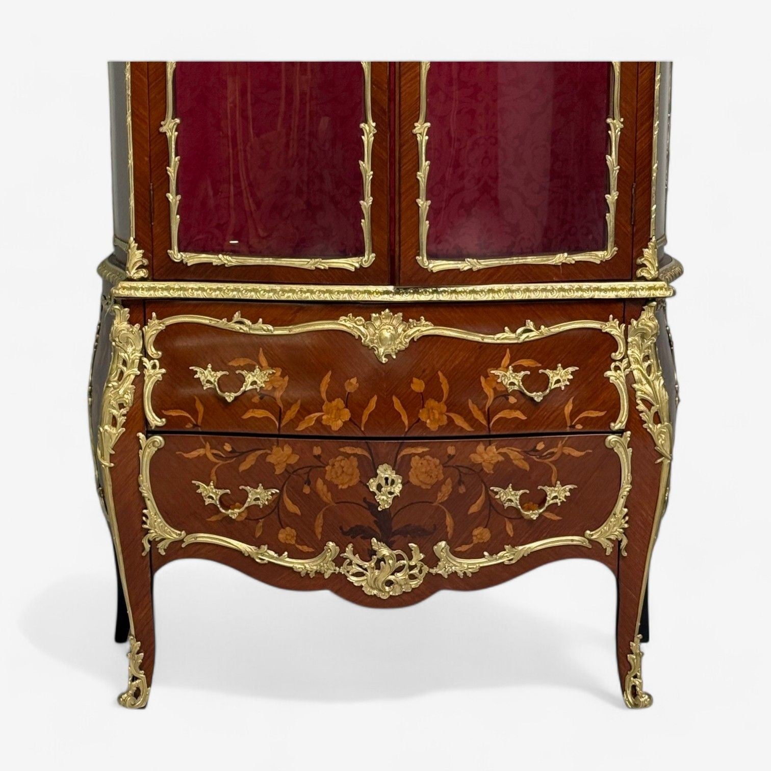 Louis XV Style, Bombe Vitrines, Ormolu Bronze, Inlaid Marquetry, France, 19th