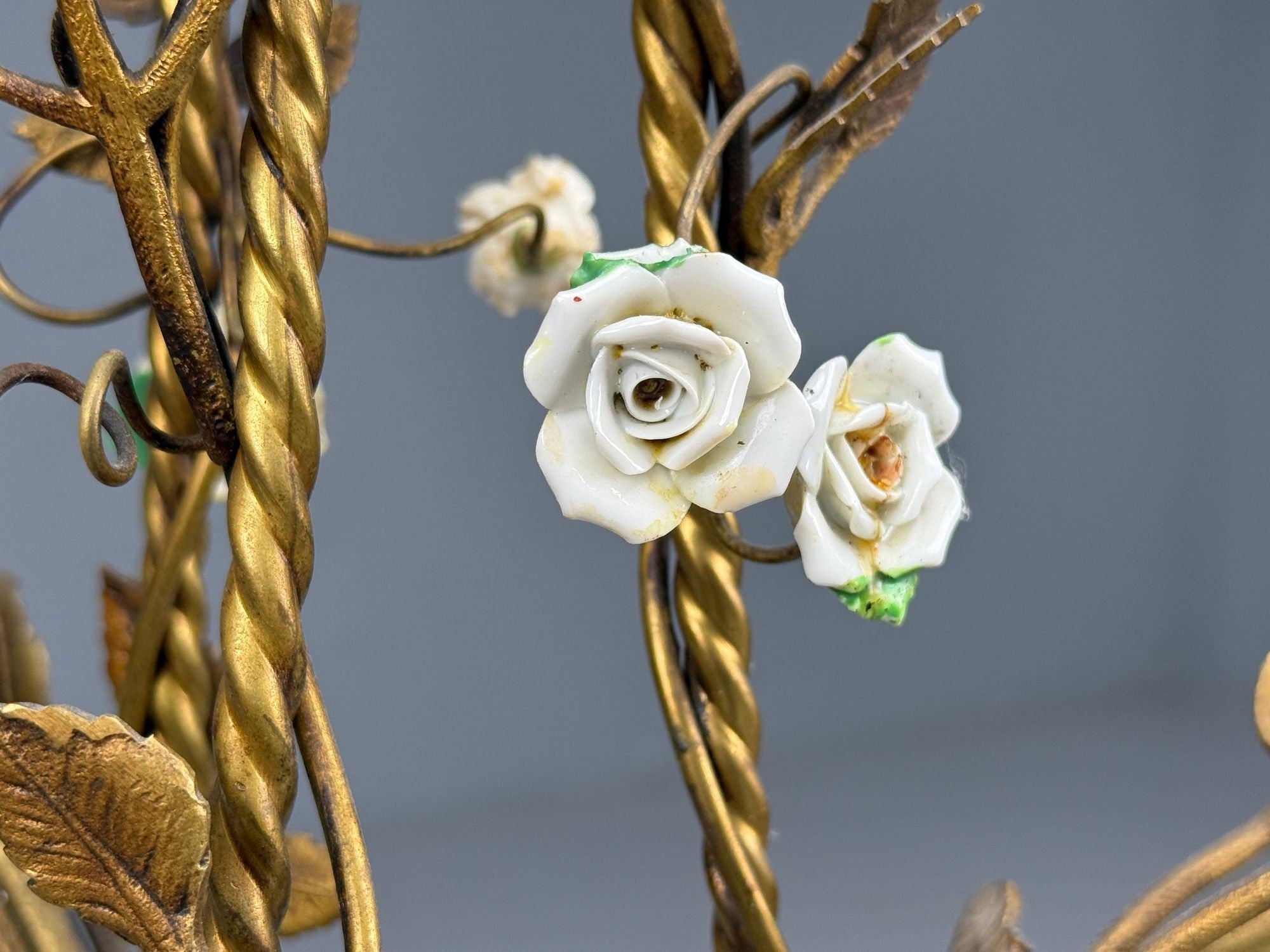 Belle Epoque Style, Basket Chandelier, Bronze, Porcelain, 1940s
