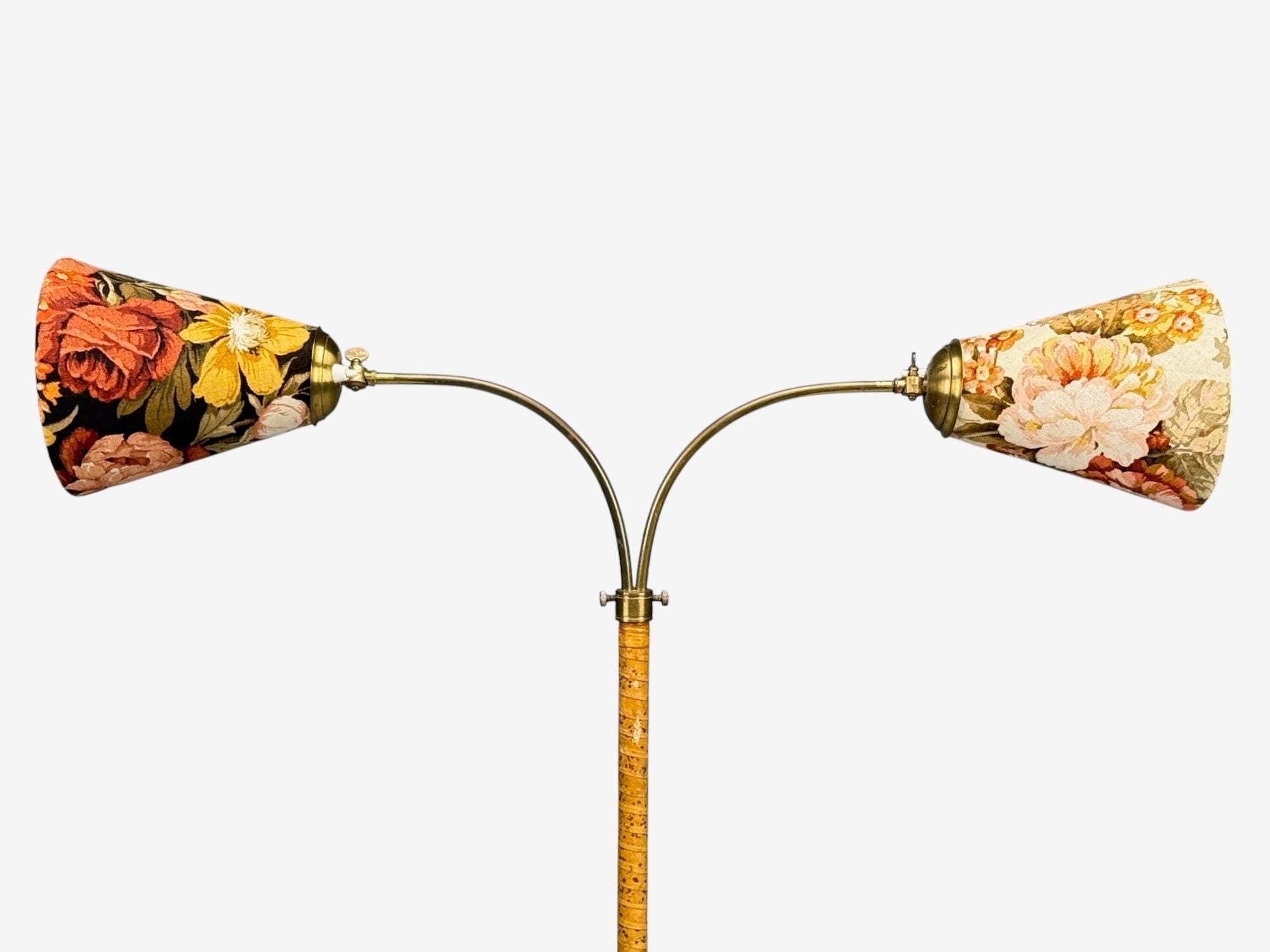 Corona Belysning, Floor Lamp, Wood, Brass, Fabric, Sweden, 1940s