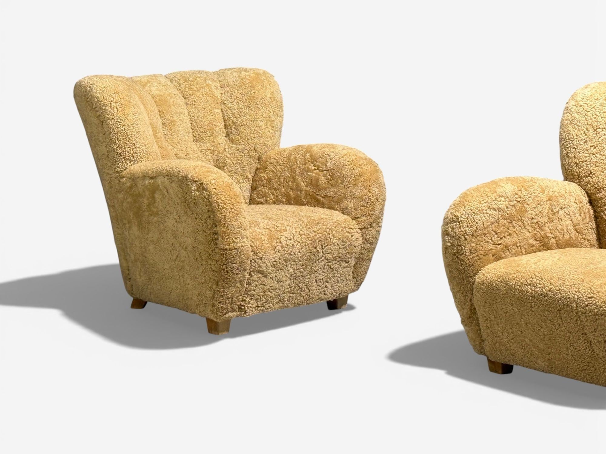 Finnish Modern, Organic Lounge Chairs, Shearling, Wood, Finland, 1940s